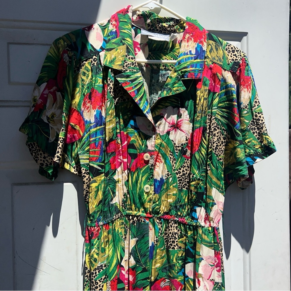 Vintage Carol Anderson Tropical Floral Short-Sleeve Jumpsuit - Green Floral